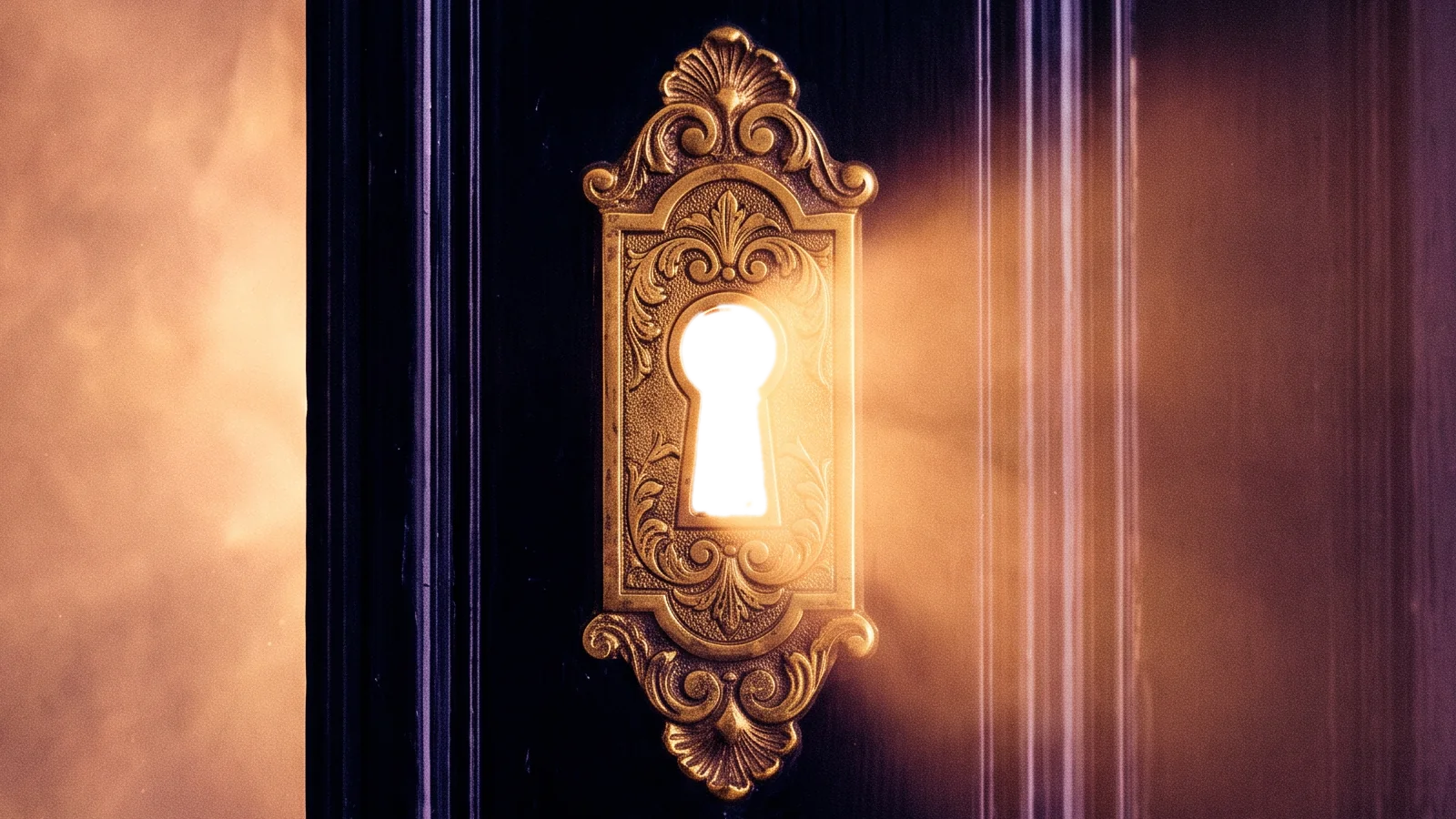 An ornate gold keyhole glowing in a dark door